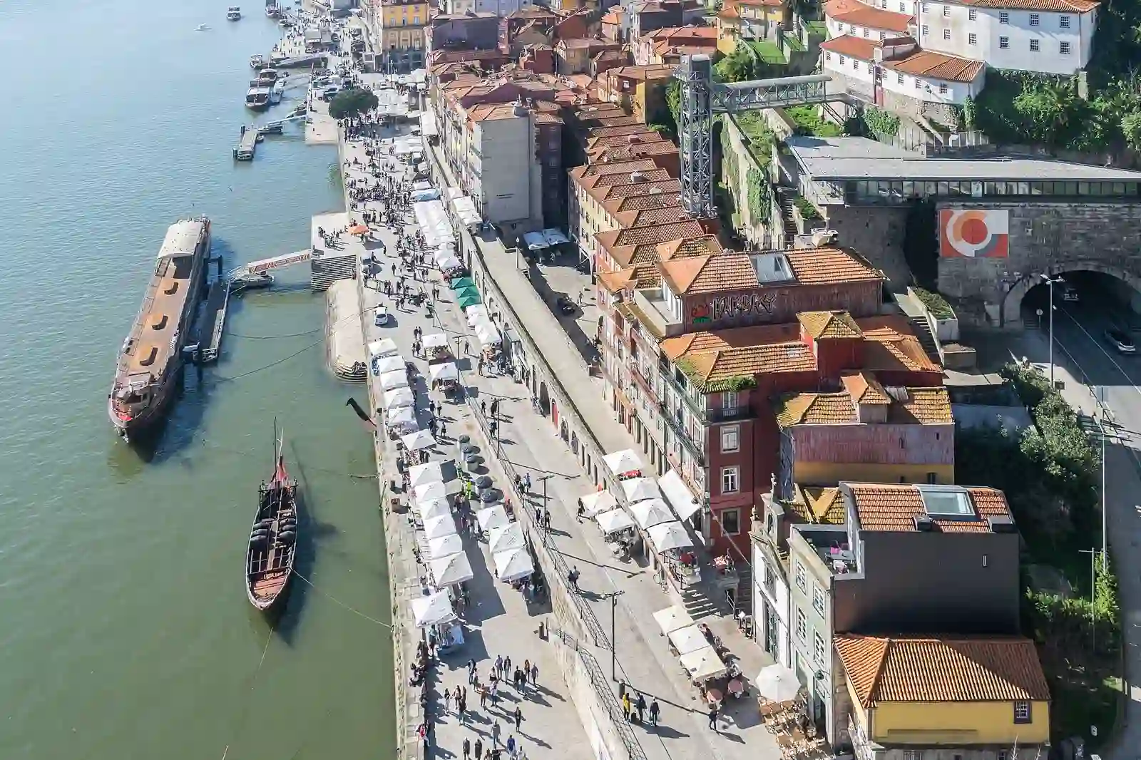 The Porto Ribeira riverfront and Dom Luis I bridge from above