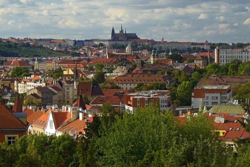 Prague Castle above the red rooftops of Mala Strana