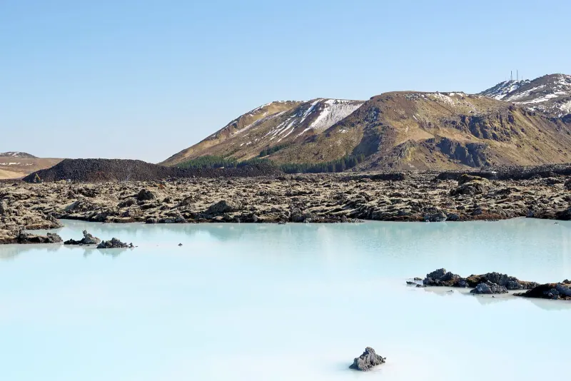 Milky blue water and lava fields at the Blue Lagoon
