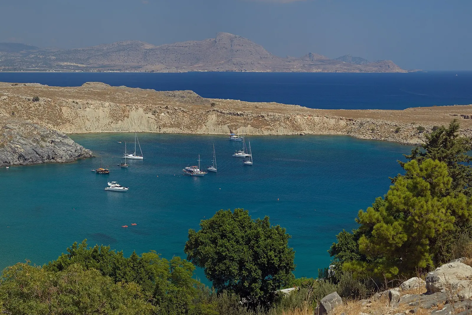 Lindos bay and the white village below the acropolis