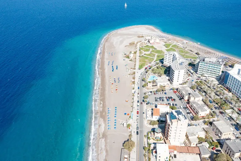 Aerial view of Elli beach at the tip of Rhodes Town