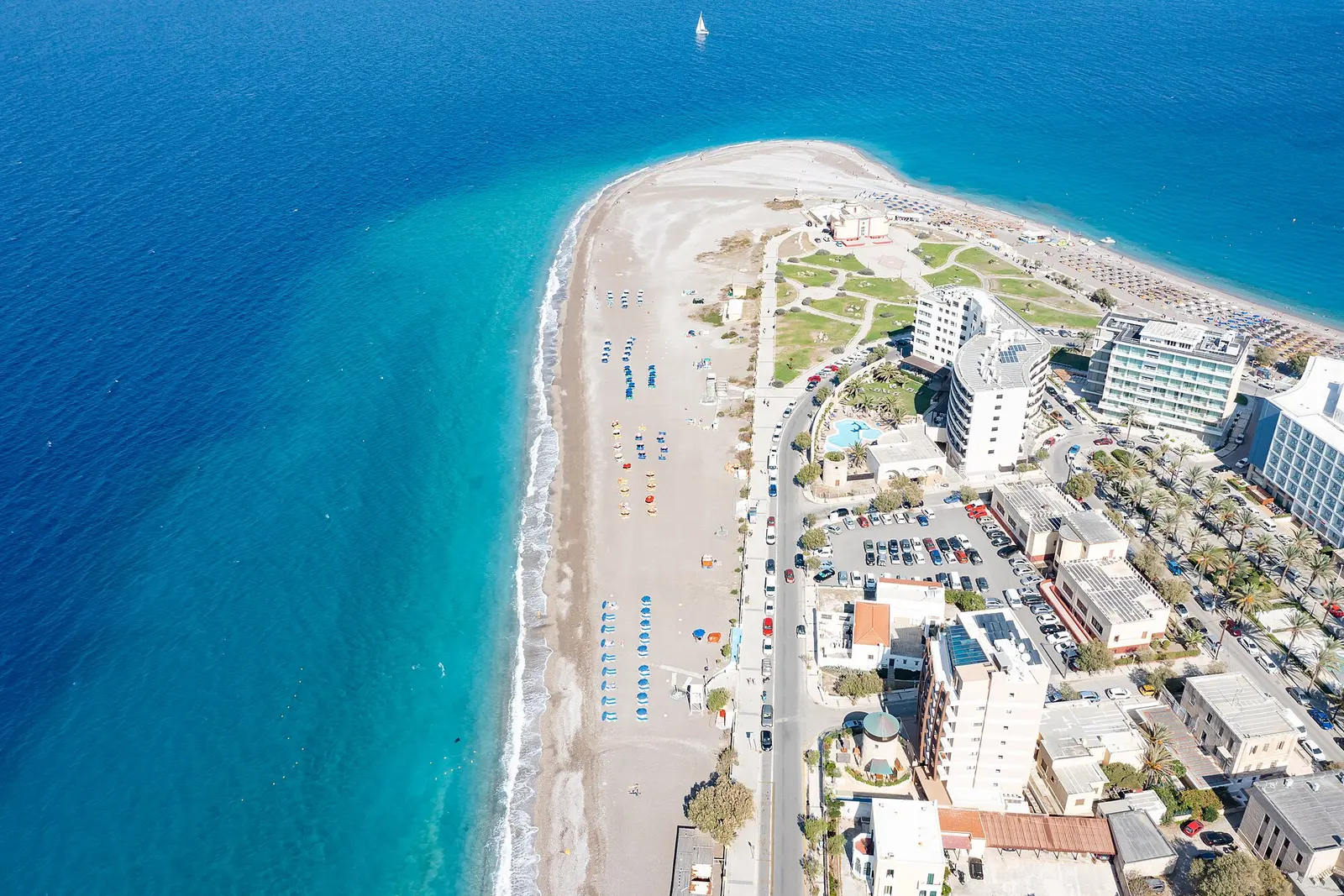 Aerial view of Elli beach at the tip of Rhodes Town