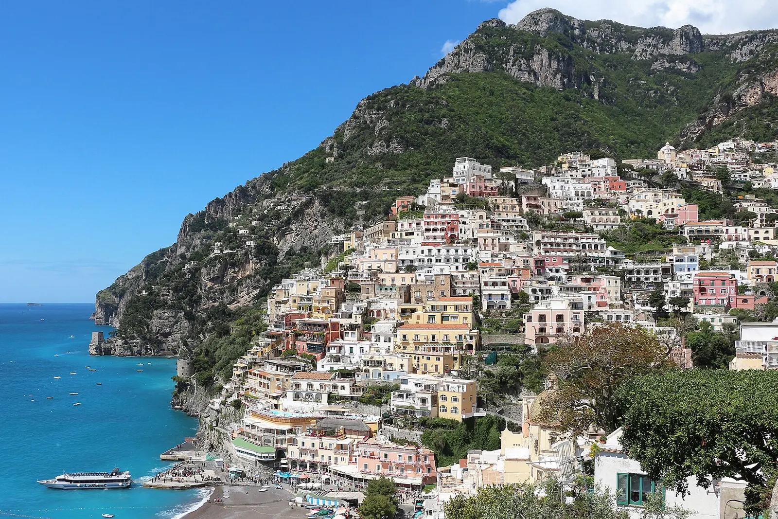 Positano's houses stacked up the cliffs above the sea on the Amalfi Coast