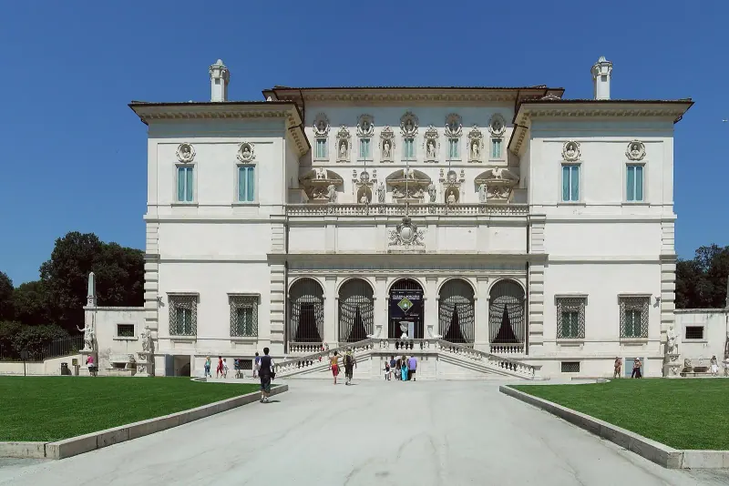 The white facade of the Villa Borghese, home of the Galleria Borghese