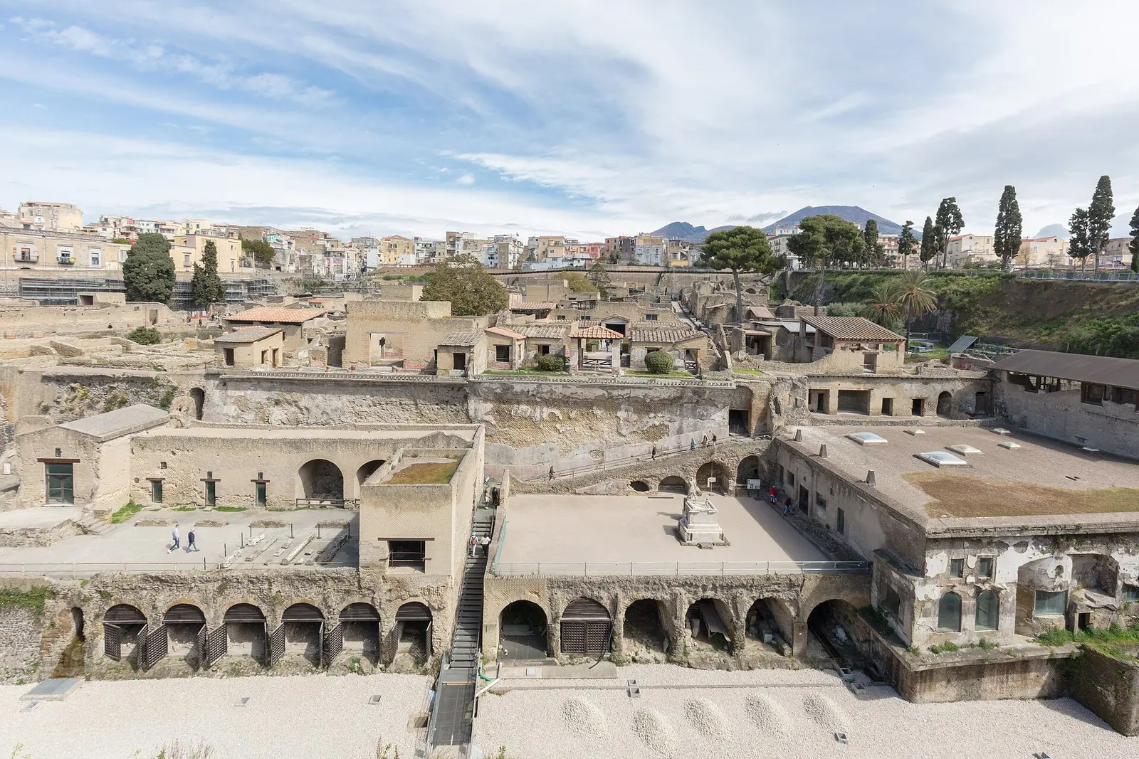 The excavated town of Herculaneum seen from above