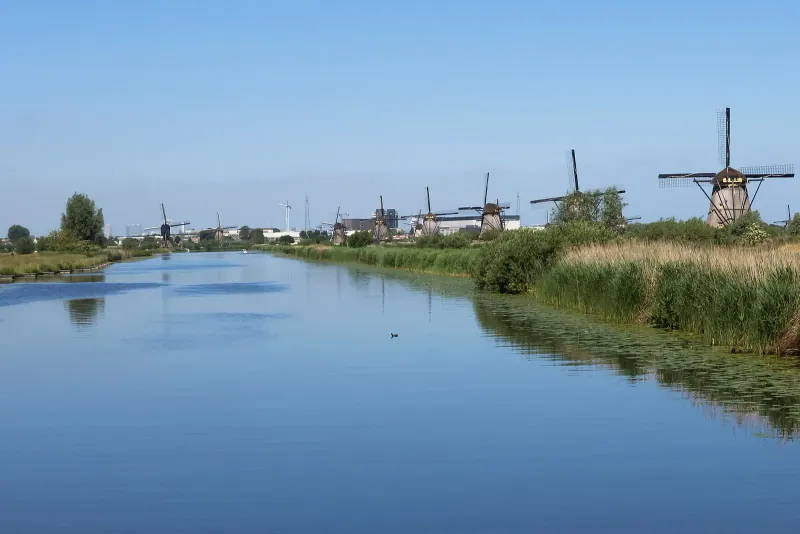 A row of windmills along the canal at Kinderdijk