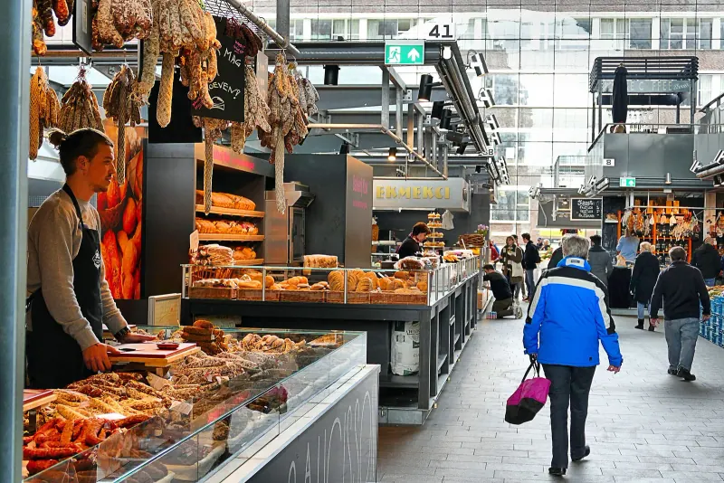 Food stalls inside Rotterdam's Markthal