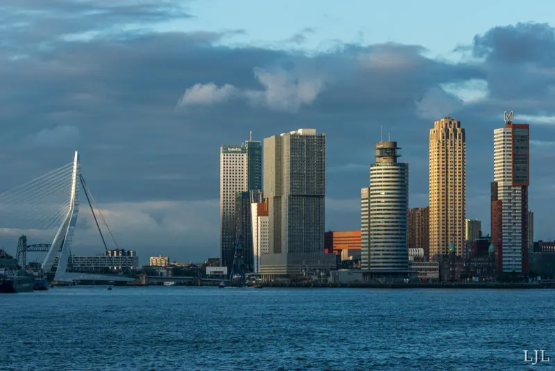 The Rotterdam skyline and Erasmus bridge over the Maas