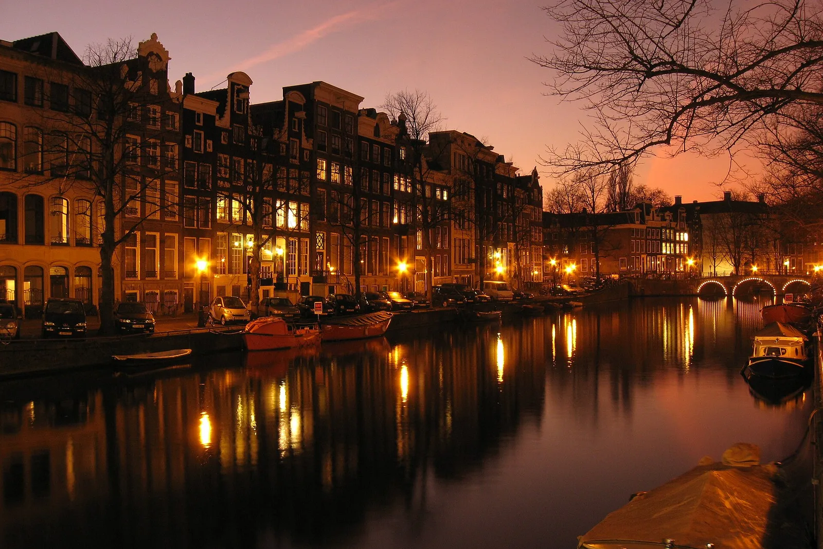 An Amsterdam canal at dusk