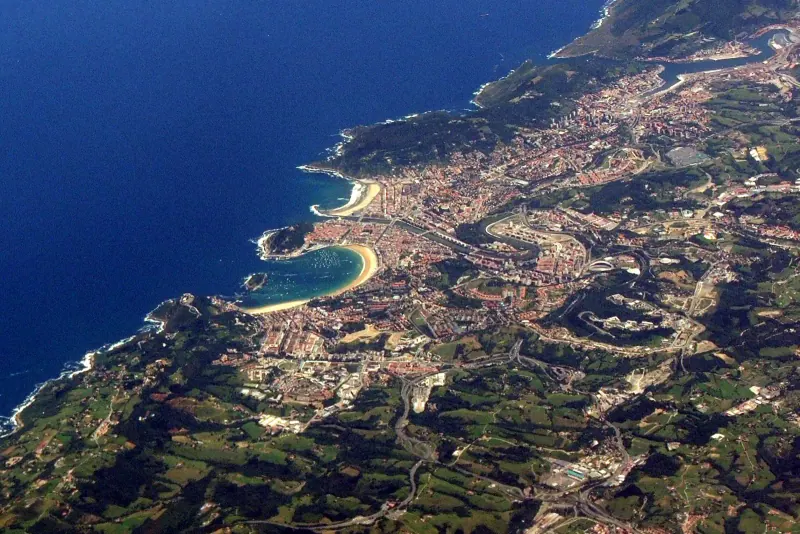 An aerial view over La Concha bay and San Sebastian