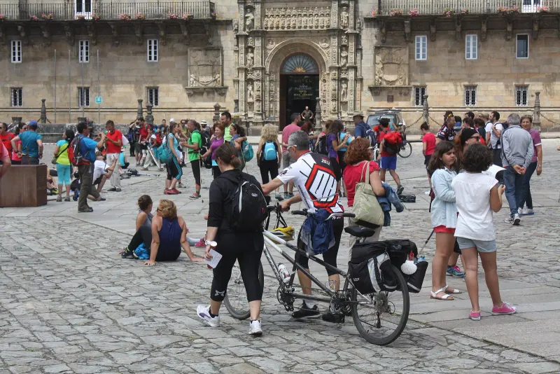 Pilgrims in the Praza do Obradoiro, Santiago de Compostela