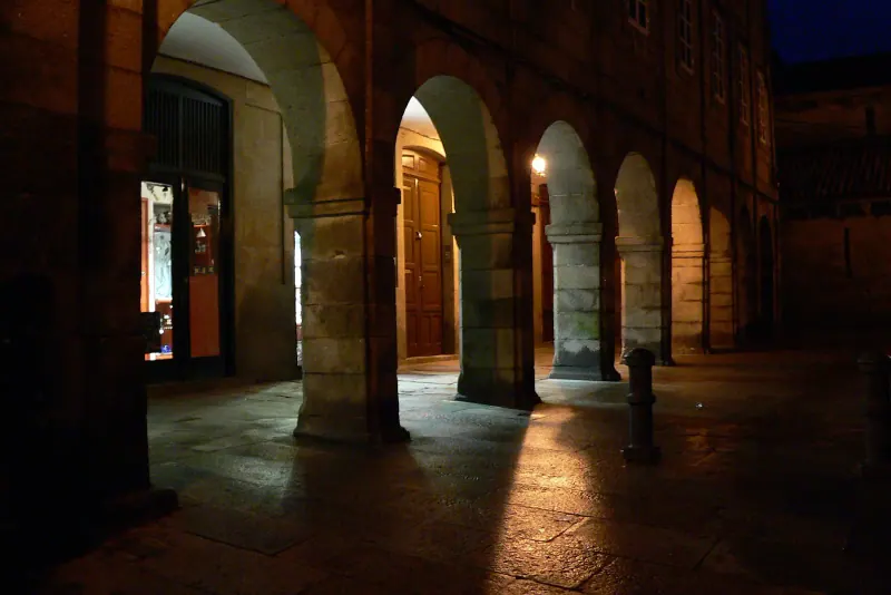 Arcaded Rua do Vilar in Santiago's old town
