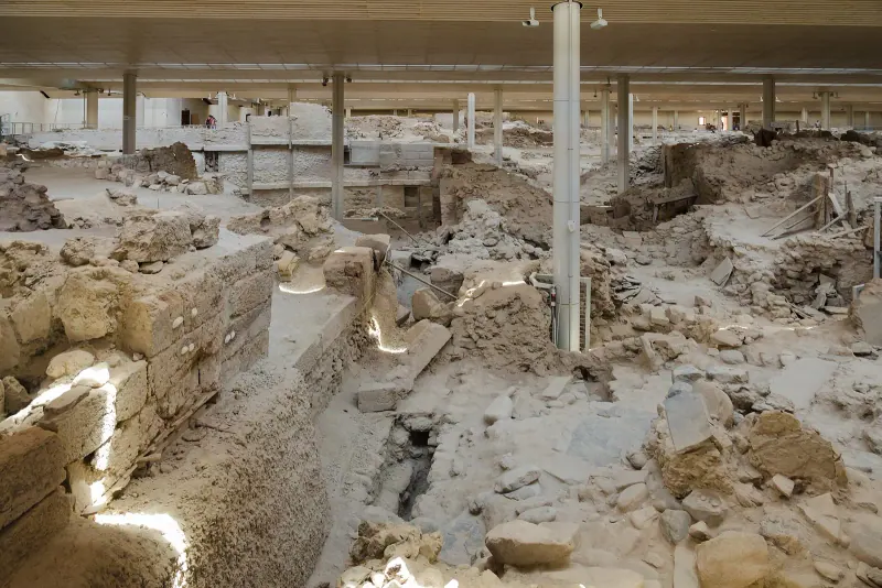 Excavated buildings inside the Akrotiri archaeological shelter, Santorini