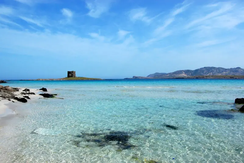 Turquoise shallow water at La Pelosa beach with the old watchtower on a rocky point under blue sky