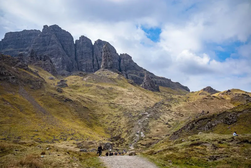 Rocky Storr cliffs and the Old Man of Storr pinnacle above green slopes on the Isle of Skye