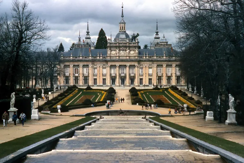 La Granja palace gardens, parterre and fountains below the palace facade
