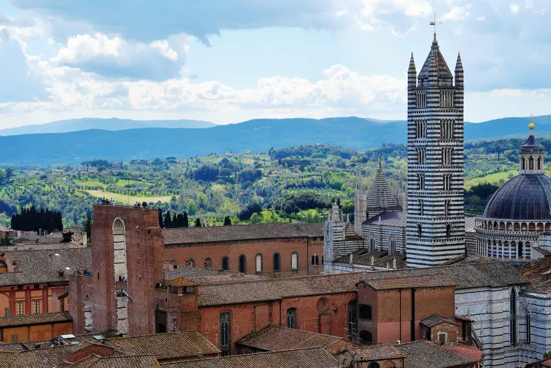 Siena's rooftops with the Torre del Mangia and cathedral