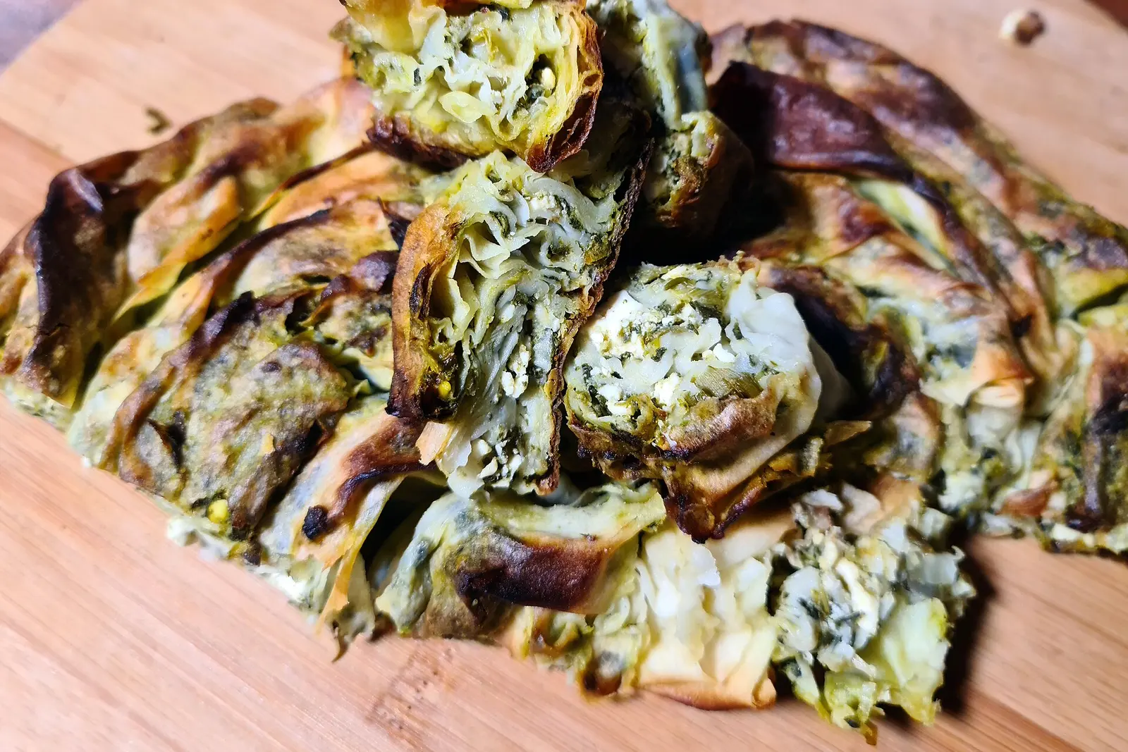 Fresh banitsa and Bulgarian pastries on a bakery counter
