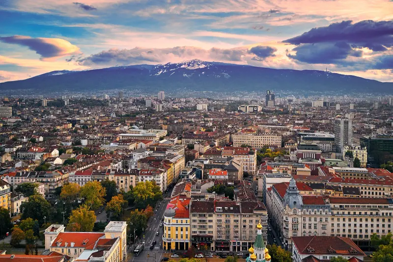 Sofia seen from the slopes of Vitosha mountain at dusk