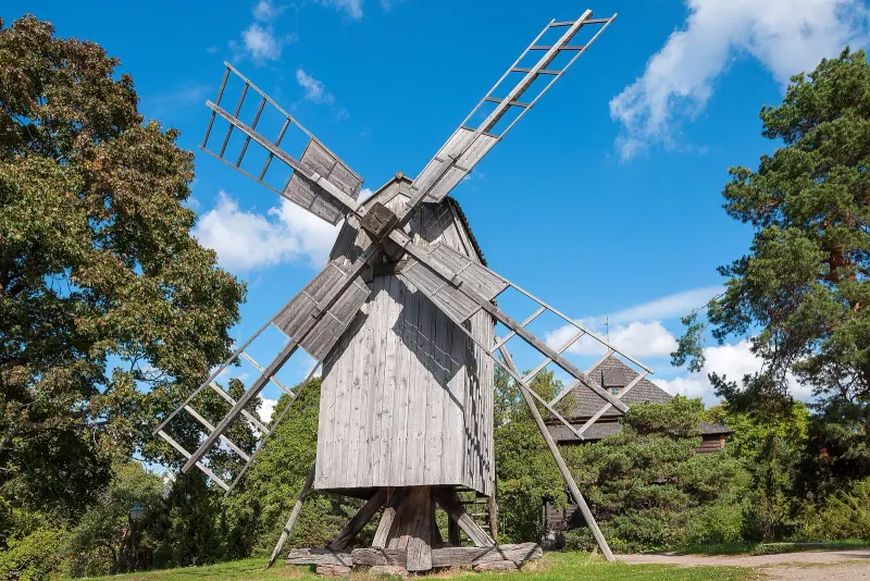 A historic windmill at Skansen open-air museum