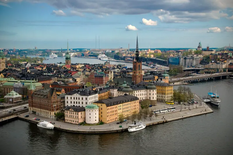 Stockholm City Hall and Riddarfjarden seen from the air