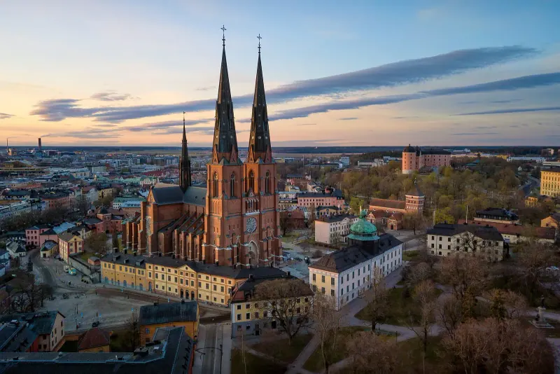 The twin spires of Uppsala Cathedral above the city