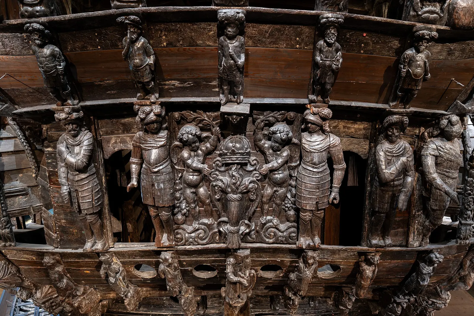 The carved wooden stern of the Vasa warship