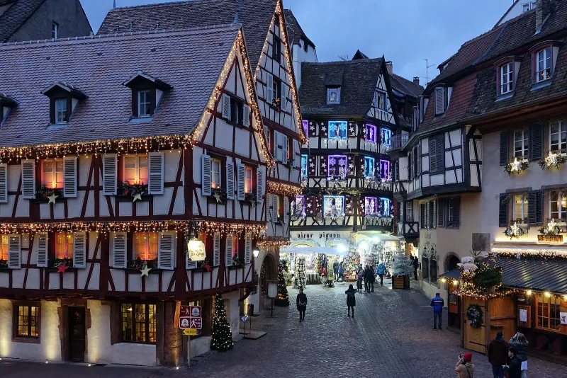 A half-timbered street in Colmar's old town