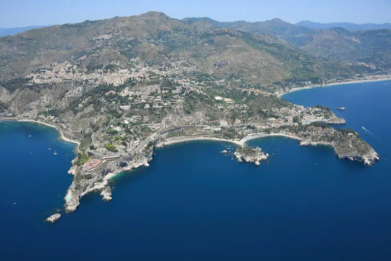 Taormina and its coastline seen from the air above the Greek theatre
