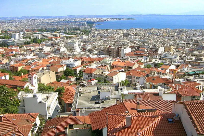 Thessaloniki seafront and rooftops seen from the old town walls