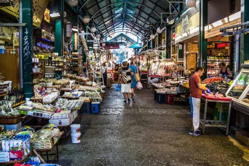 Stalls inside Kapani market hall in Thessaloniki
