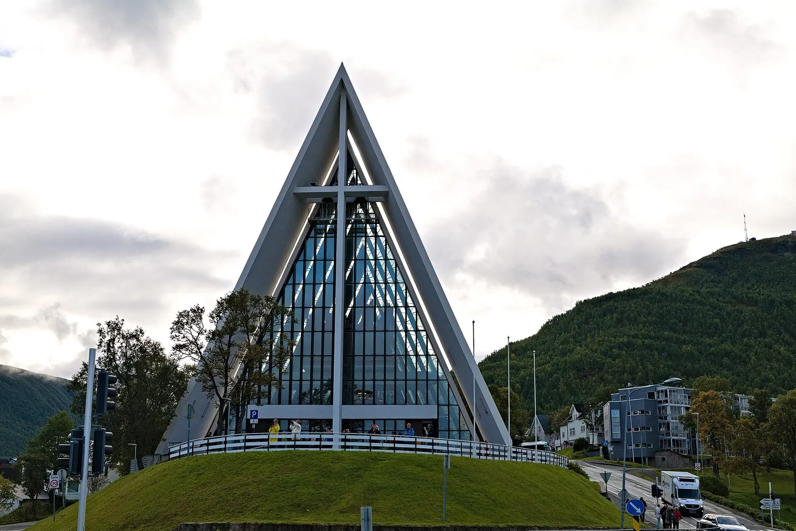 The Arctic Cathedral's triangular facade in Tromso