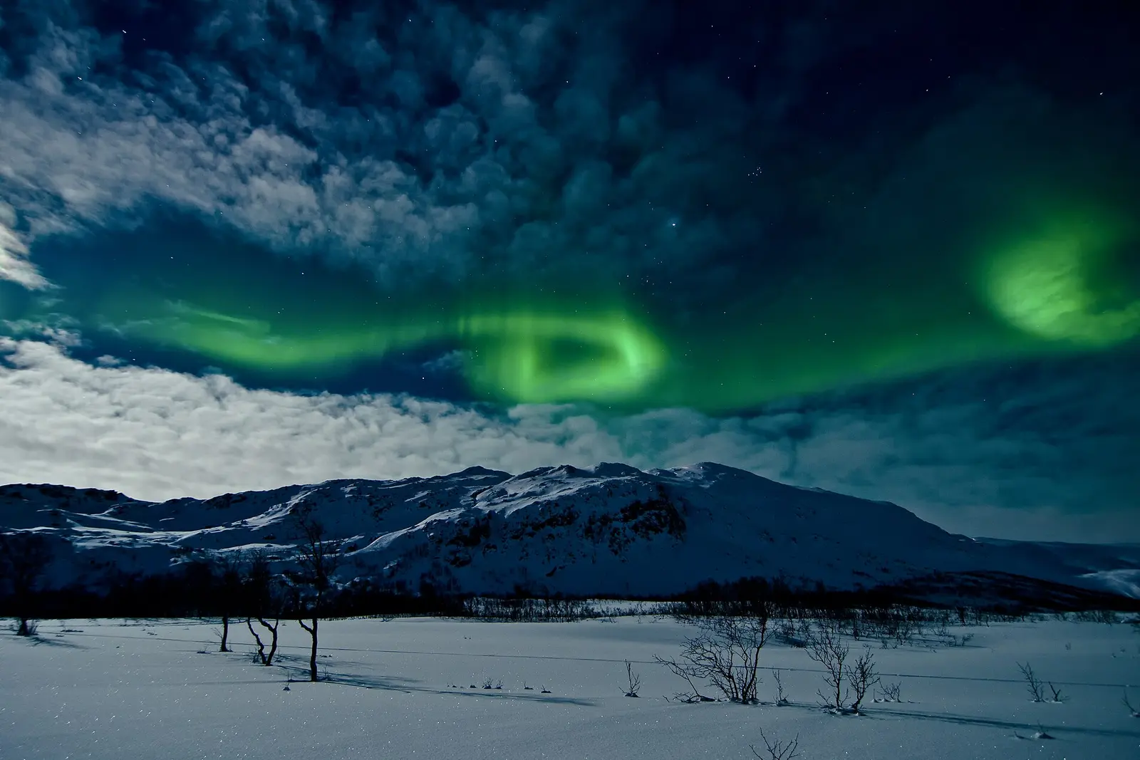 The northern lights dancing over a fjord near Tromso
