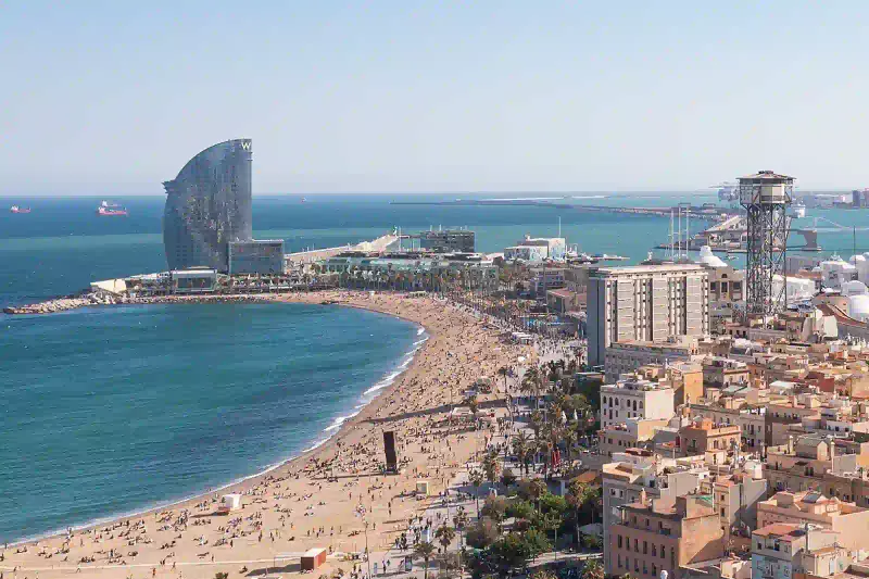 Aerial view of Barceloneta beach and Port Vell in Barcelona