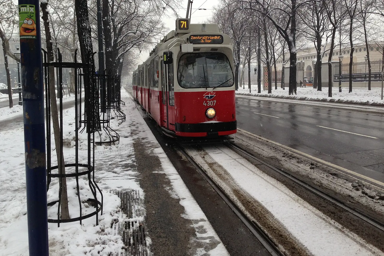 A tram on the Ringstrasse in Vienna in winter
