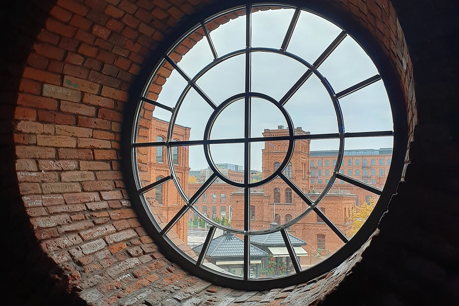 Round window inside the Manufaktura complex in Lodz