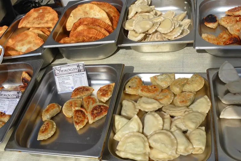 Pierogi dumplings on a market stall in Poland