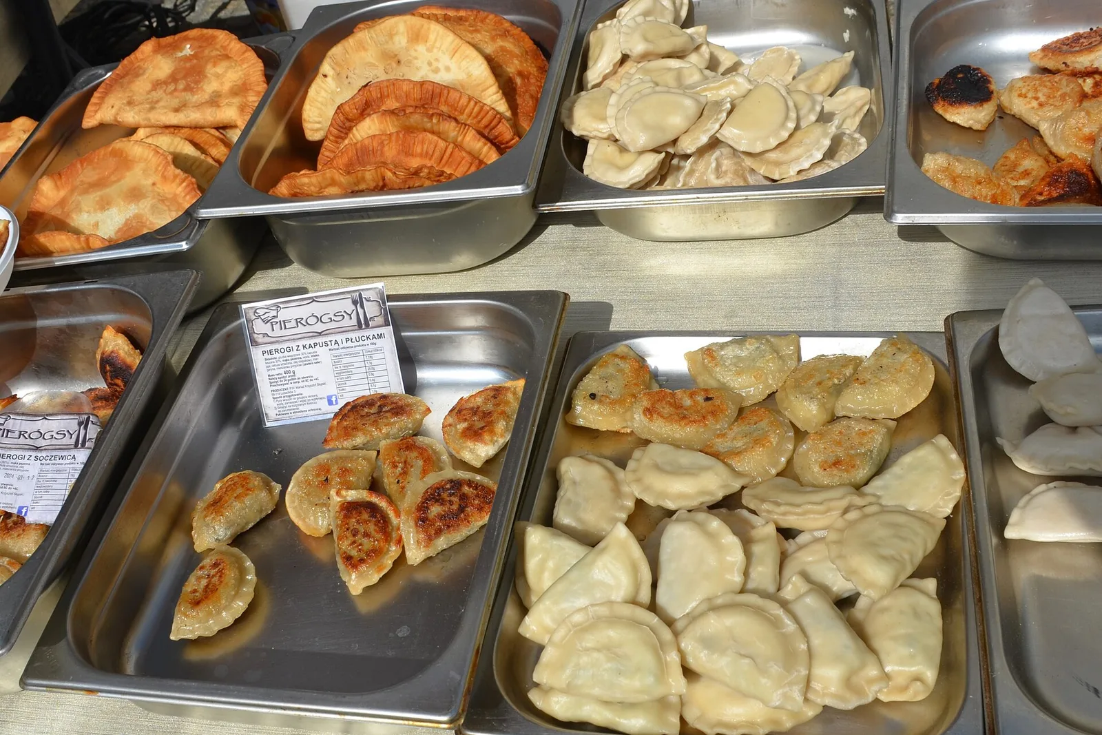Pierogi dumplings on a market stall in Poland