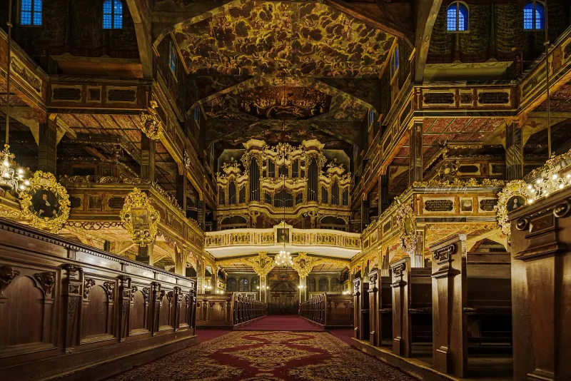 Ornate painted interior of the wooden Church of Peace in Swidnica