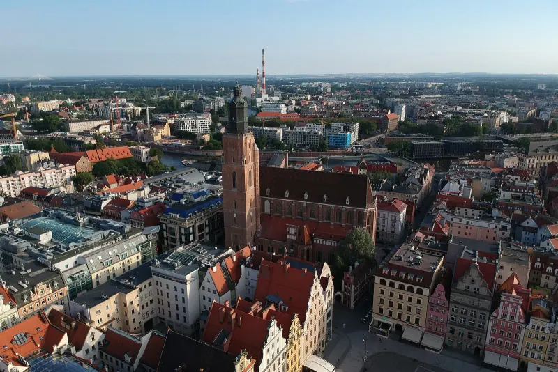 Aerial view over Wroclaw Market Square, Town Hall and cathedral