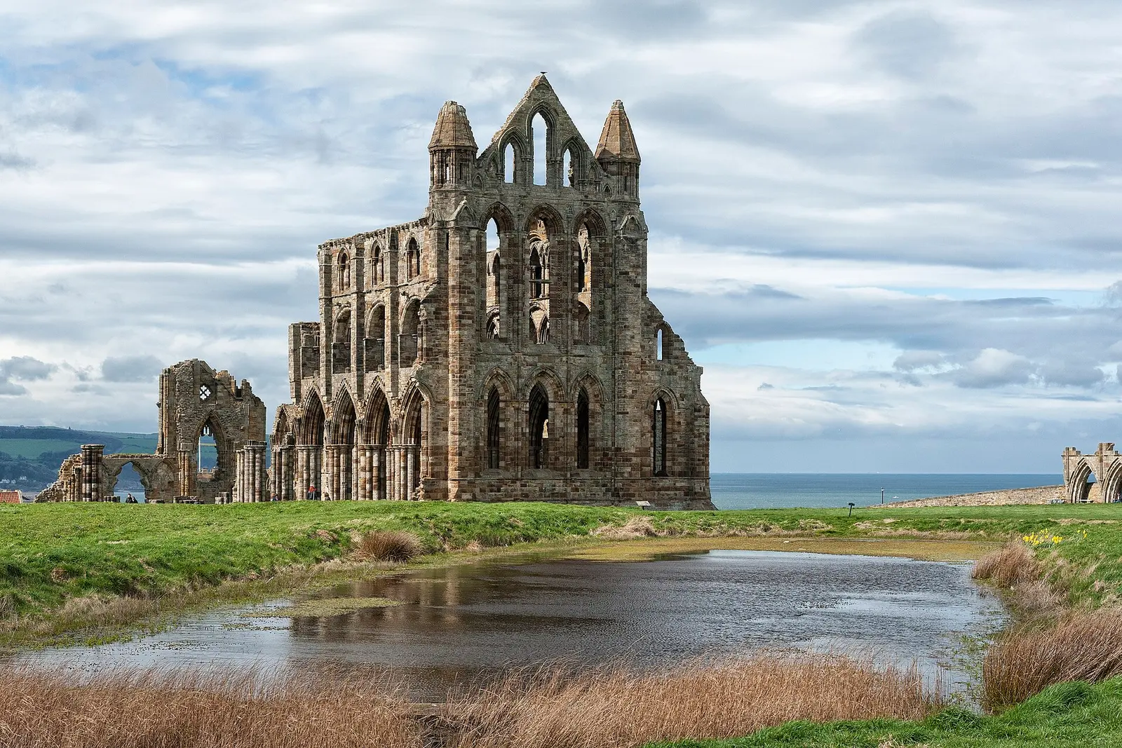 The ruins of Whitby Abbey on the headland above the town