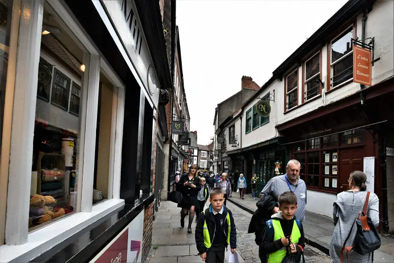 Overhanging timber-framed buildings along the Shambles in York