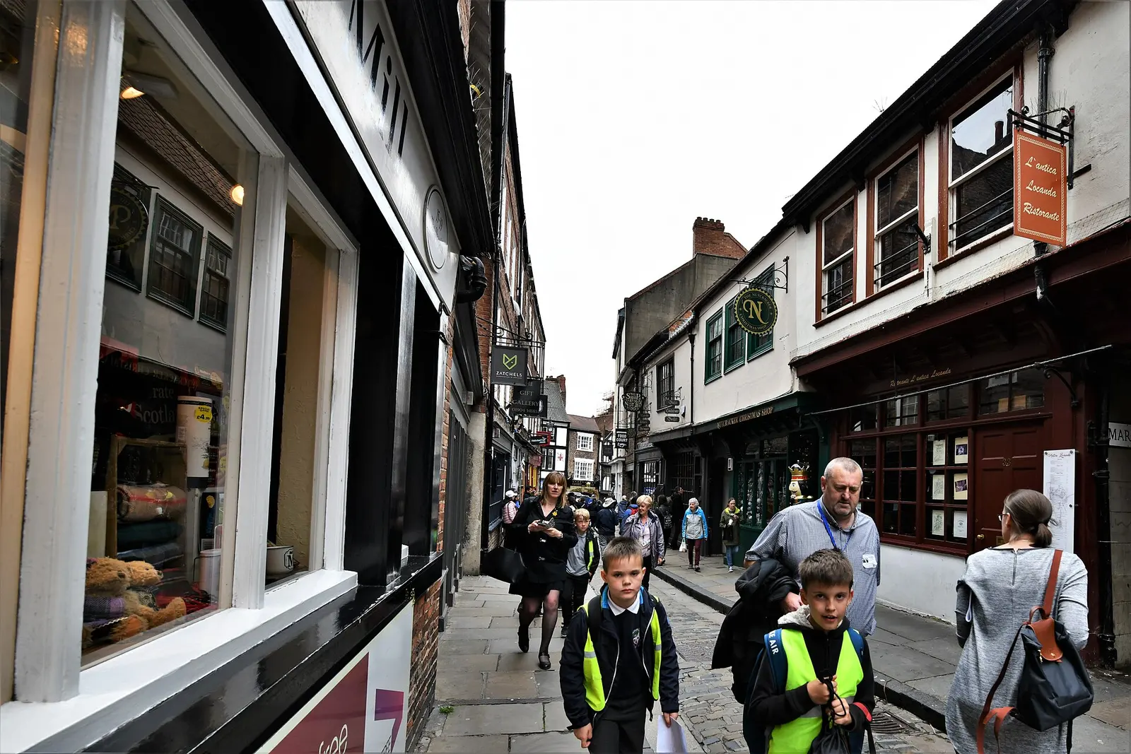 Overhanging timber-framed buildings along the Shambles in York