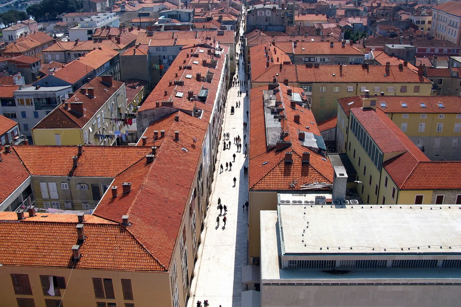 The cathedral bell tower over Zadar's old town roofs