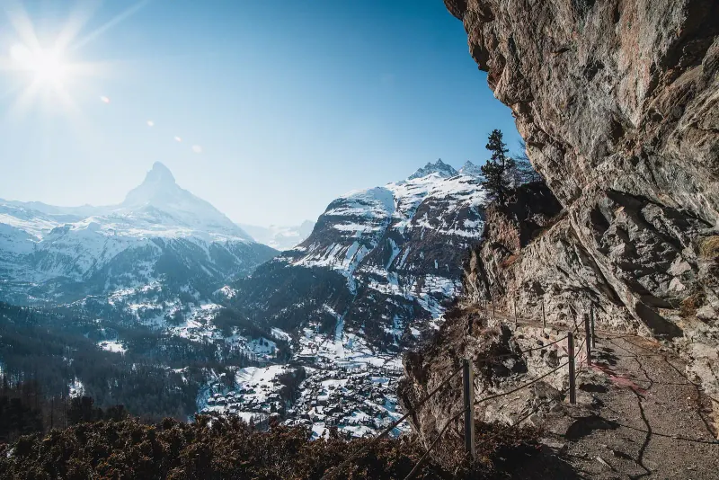 The Matterhorn above Zermatt village in winter
