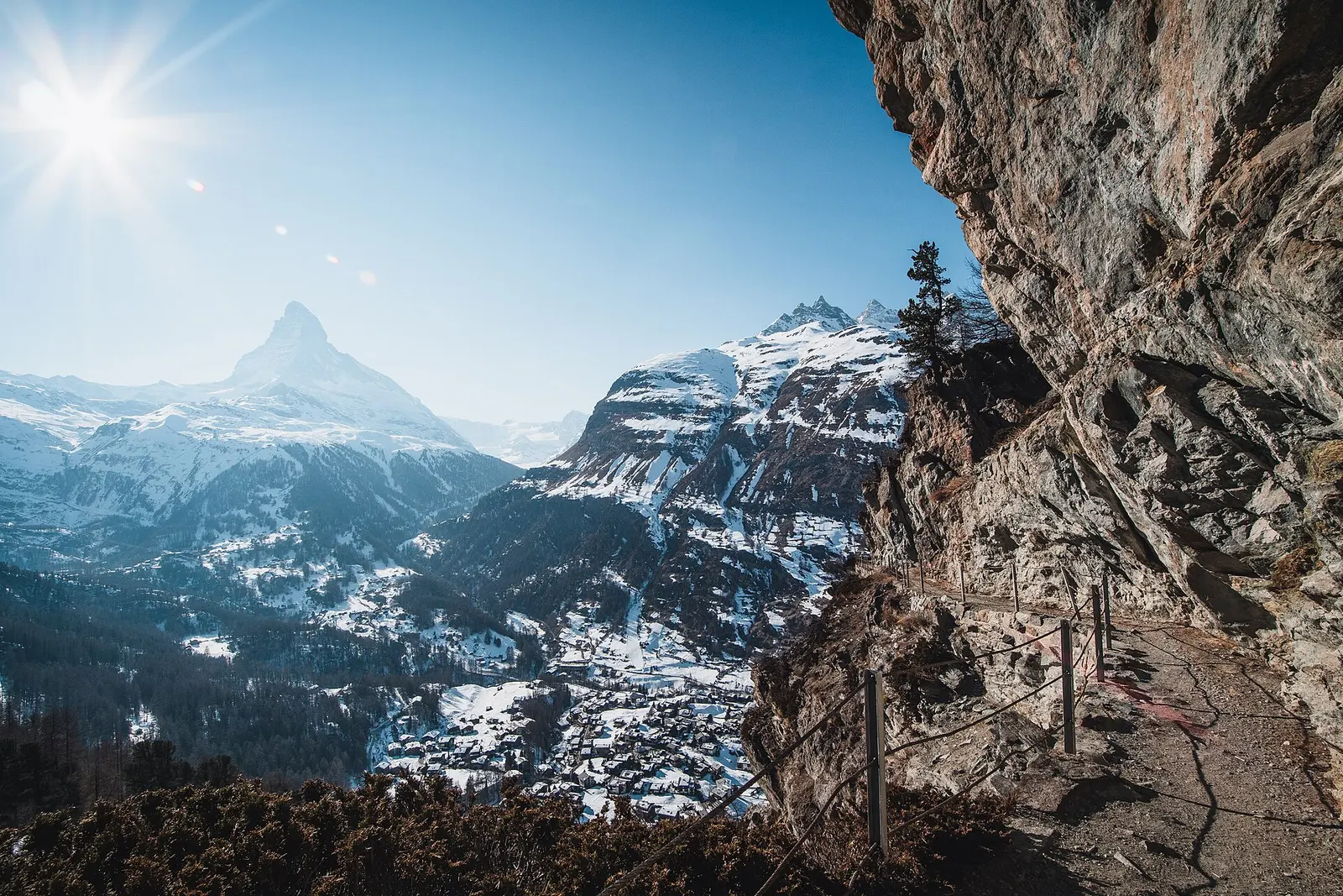 The Matterhorn above Zermatt village in winter