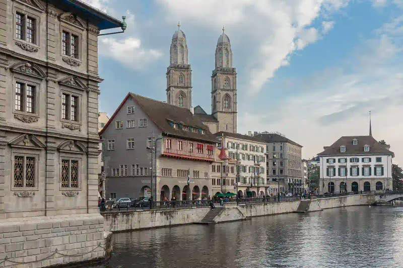 Limmatquai and the Grossmünster towers in Zurich old town