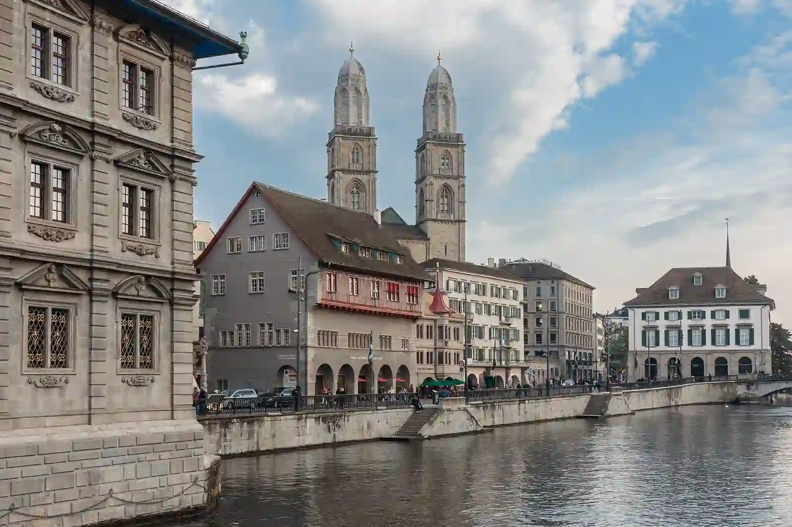 Limmatquai and the Grossmünster towers in Zurich old town